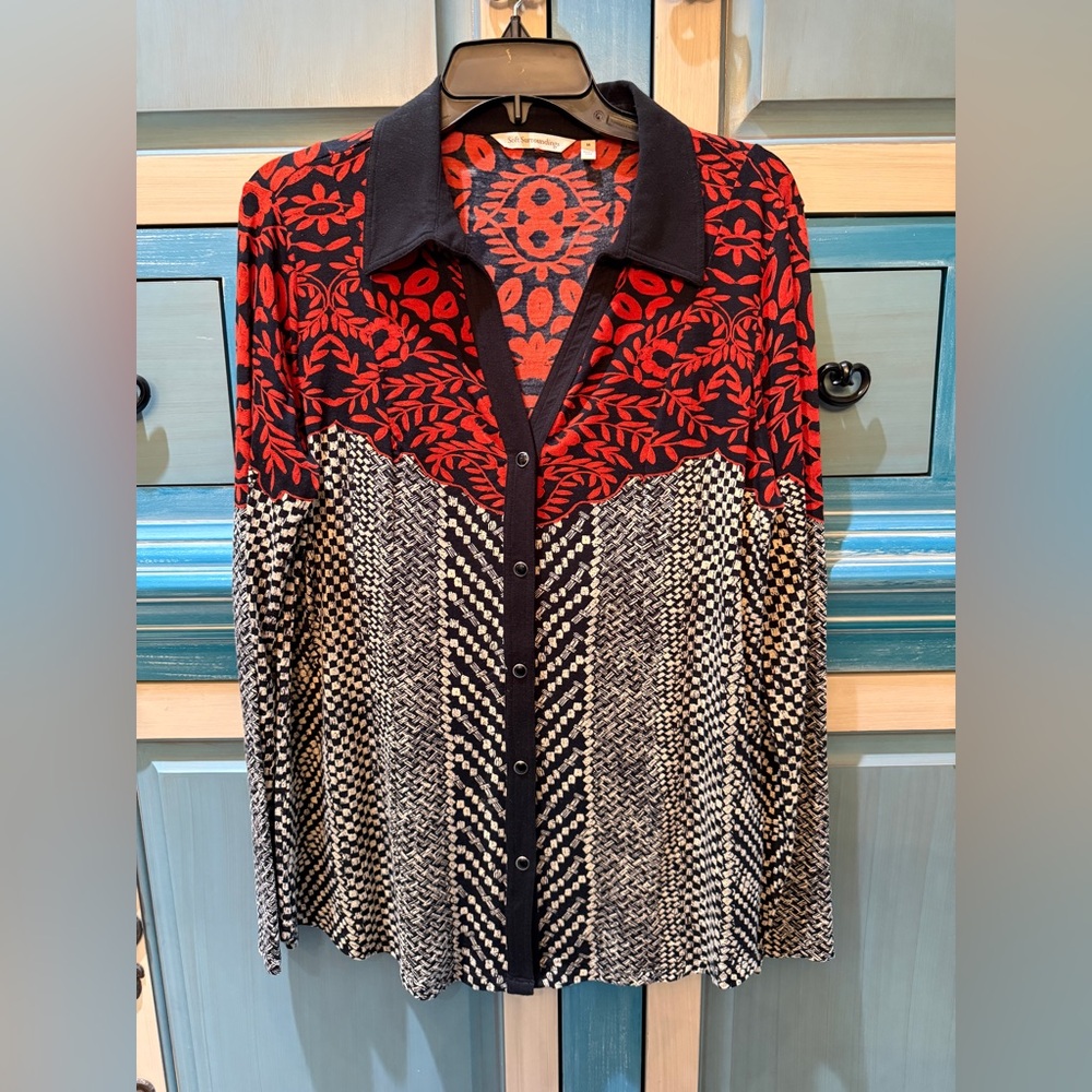 Soft Surroundings Red and Black Mixed-Pattern Button Front Top